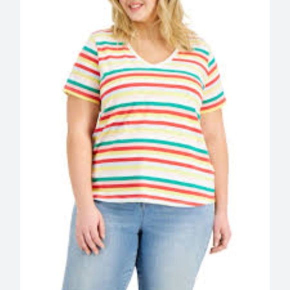 Style & Co Short Sleeve V Neck Multi Color Stripe T Shirt - Picture 1 of 7